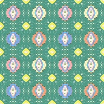 Vintage Botanical Ogee Tile Seamless Pattern Background on Teal for Wallpaper, Fabric, and Packaging