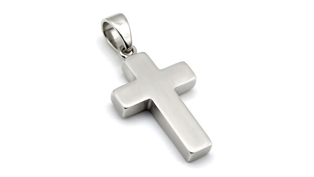Polished silver cross pendant with a clean minimalist silver cross pendant against a white background white gold religious christianity accessory necklace isolated precious platinum