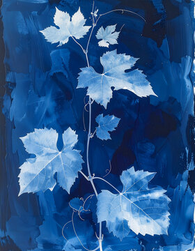 Cyanotype inspired print deep prussian blue creating pale vine leaf shapes alternative mood generative AI