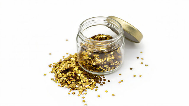 Small glass jar filled with gold glitter confetti decoration celebration metallic background isolated container sprinkle particles abstract scrapbooking crafting