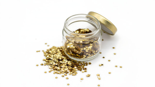 Gold glitter flakes in a jar with confetti decoration celebration metallic background isolated container sprinkle particles abstract scrapbooking crafting