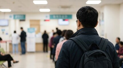 Fototapeta premium Man with backpack waiting in a crowded service queue indoors. Patient customer standing among people at a public office, healthcare facility, or government counter.