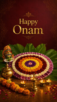 Golden text wishing happy onam beside vibrant flower rangoli kathakali mask and brass lamps for amazing south indian festival in kerala celebrations