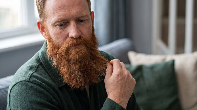 Man with red beard touching his beard while sitting on a couch  