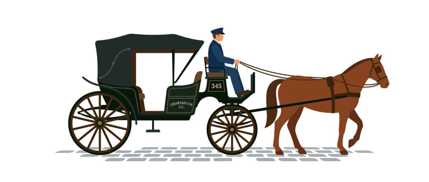 Horse Drawn Carriage with Driver on Cobblestone Street, Isolated