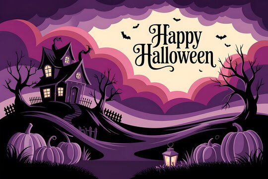Spooky haunted house with pumpkins and a full moon on a halloween night