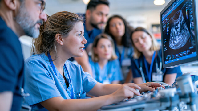 Sonographer operating ultrasound equipment in a warmly lit clinical room surrounded by a multicultural team of healthcare trainees observing the imaging screen, prenatal diagnostic procedure, medica
