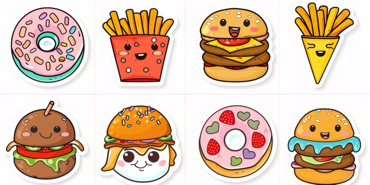 Cute kawaii fast food doodle stickers set