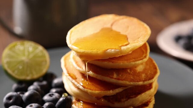 Blueberry pancakes with honey