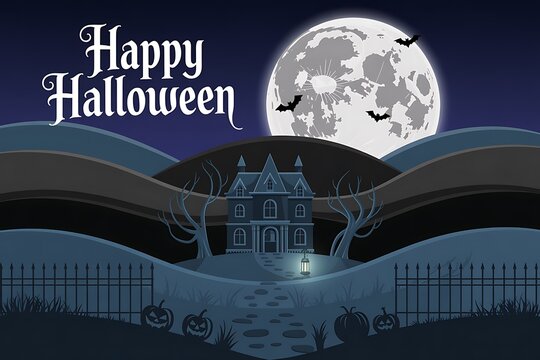 Spooky halloween scene with a haunted castle silhouetted against a full moon