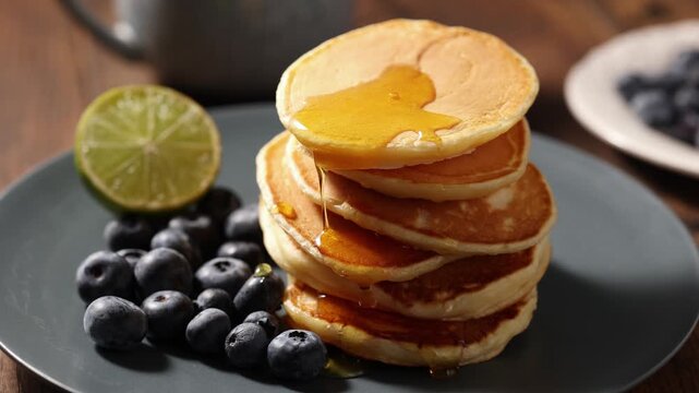 Blueberry pancakes with honey