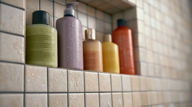 Bathroom product bottles on tiled shelf