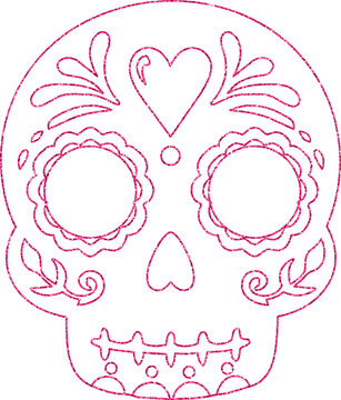 Pink glitter outline sugar skull decorated with floral eye frames, heart motifs, leaves, and symmetrical ornamental details.