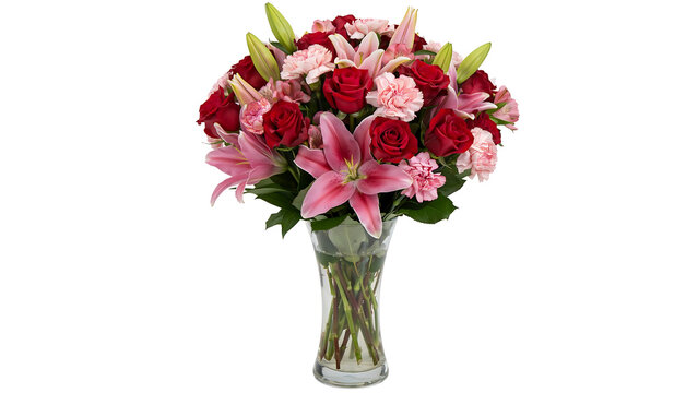 Vase filled with a arrangement of red roses pink lilies pink carnations cut flowers carnations arrangement blossoms decoration celebration anniversary botanical horticulture