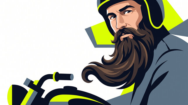 Bearded man wearing motorcycle helmet and jacket on a bike  