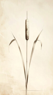 Tall cattail reed standing upright in minimalist fine line ink botanical drawing generative AI