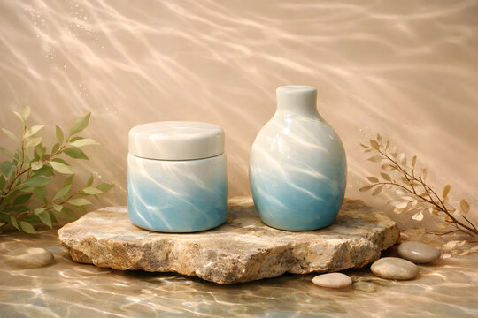 Handmade ceramic bowls and vase arrangement on rustic stone surface