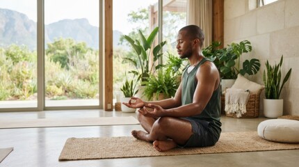 Fototapeta premium Man meditating peacefully in a bright room with lush green plants and mountain views