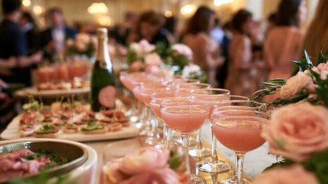 Elegant event gathering with pink cocktails and appetizers