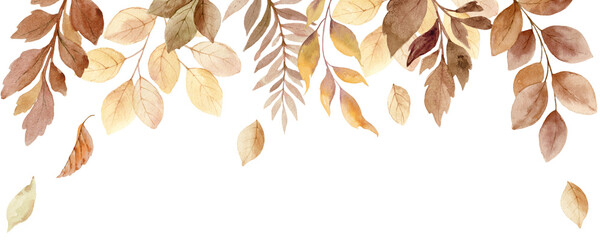 Watercolor Autumn Leaves Decorative Border. Perfect for greeting cards, invitations, posters, stationery, scrapbooking, and fall-themed designs. © ElenaMedvedeva
