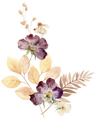 Watercolor Floral Bouquet with Autumn Leaves. Perfect for greeting cards, invitations, posters, stationery, scrapbooking, and fall-themed designs. © ElenaMedvedeva
