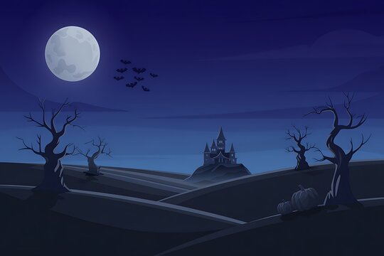 Spooky castle silhouette under a full moon on a dark and eerie night