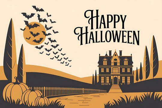 Spooky halloween scene with haunted house bats and a full moon in the night
