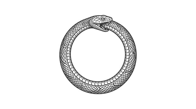 Minimalist serpent Ouroboros illustration on a white background.