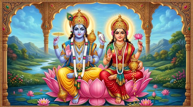 Lord vishnu and goddess lakshmi sitting on lotus in serene landscape, hindu deities