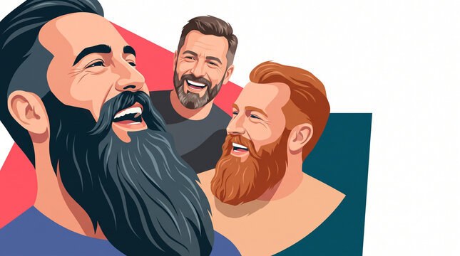 Group of bearded friends laughing together in a colorful illustration  