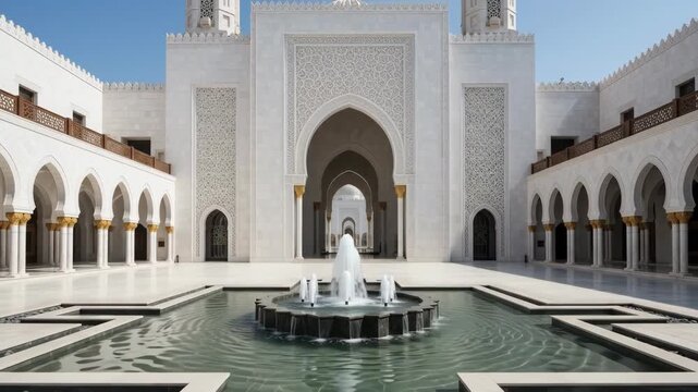 A refreshing water fountain flows gracefully within the expansive courtyard of the iconic Sheikh Zayed Grand Mosque in Abu Dhabi, showcasing magnificent Islamic architecture under a bright sunny