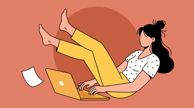 Smiling female worker typing on a laptop computer with feet up while loose papers fall down on an orange background.