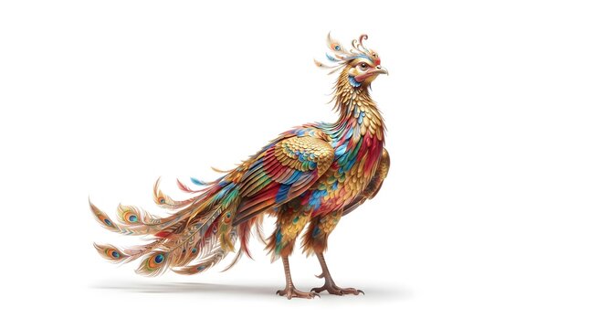 Stunning colorful mythical phoenix bird standing on white background.