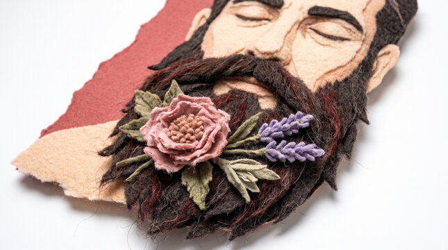 Man's beard adorned with flowers and plants in a creative artwork  