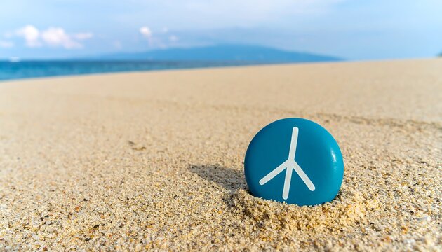 Blue stone on the beach displaying white symbol