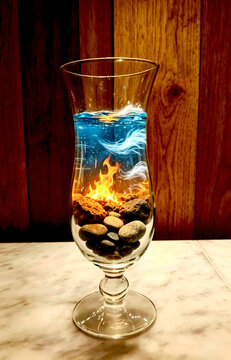 Abstract representation of four classical elements in a glass: earth, fire, water, and air, symbolizing nature and balance