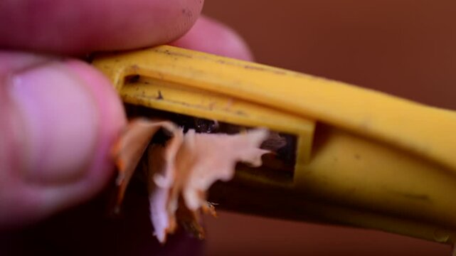 Sharpening a pencil woodworking education action, everday task, close up mark bokeh background video