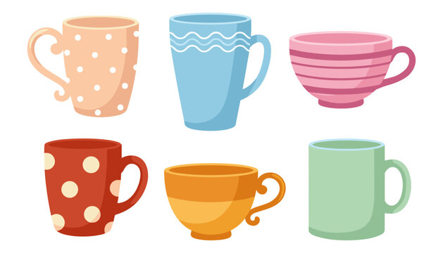Ceramic coffee mugs and tea cups vector illustration set with colorful polka dots stripes isolated on white background