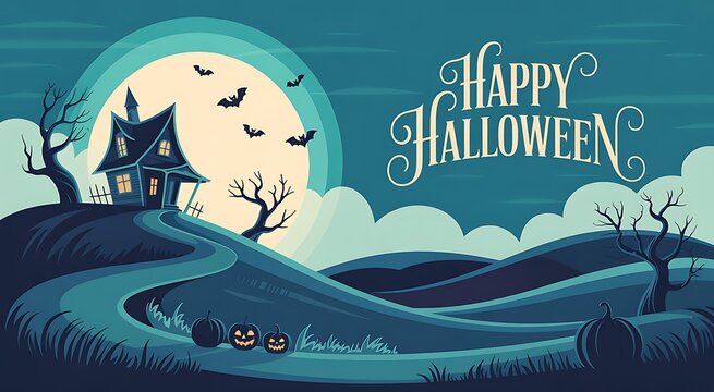 Spooky halloween landscape with haunted house silhouetted against a full moon