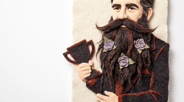 Bearded man holding a trophy with flowers in a felt portrait  