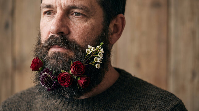 Man with a flower-decorated beard looking thoughtfully at the camera  