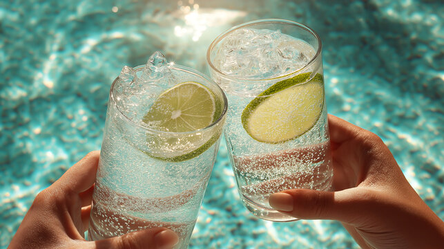 Two hands toasting sparkling cocktails with lime by the pool