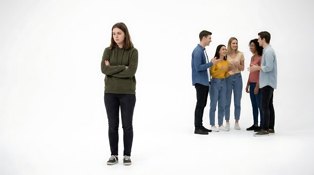 Teenage girl feeling excluded while friends socialize in the background