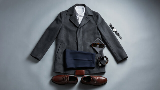 Elegant mens formal outfit including blazer jacket dress shirt pocket square shoes belt watch and accessories arranged neatly
