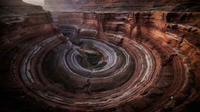 Aerial view of a dramatic canyon with swirling geological rock layers under warm golden light. Ideal for nature travel and geological exploration themes.