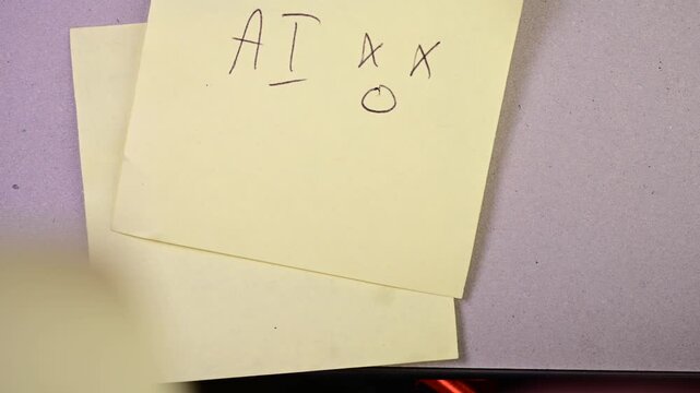 Sticky note background video flat lay top down perspective, concept AI showing emotion bad, negative outcome of Ai, dark background authentic image