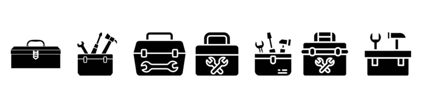 Collection of toolbox line icons for repair, construction, maintenance, and DIY home improvement.