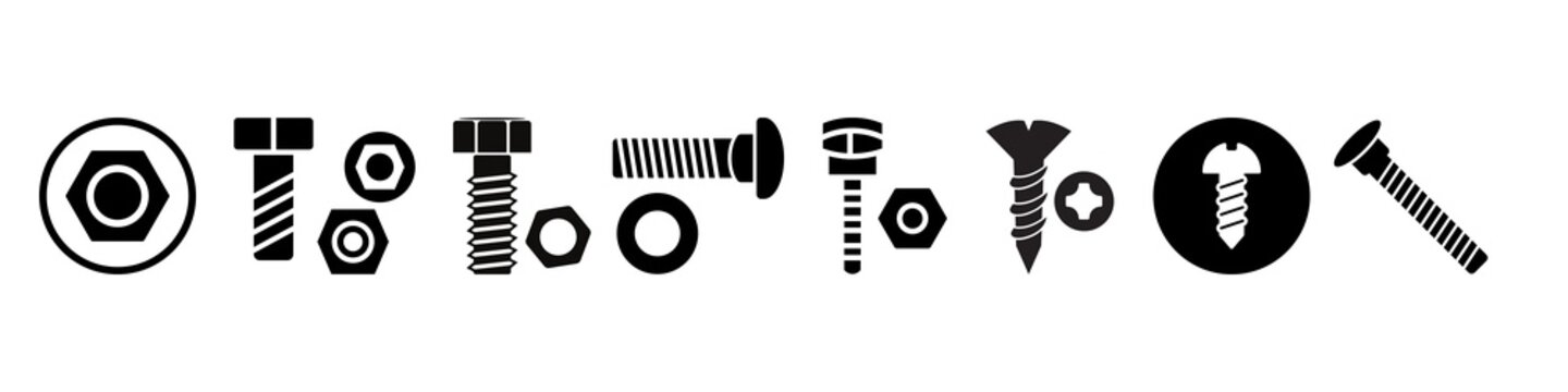 Set of nuts, bolts, screws, and hardware fastener vector icons for construction, repair, and engineering.