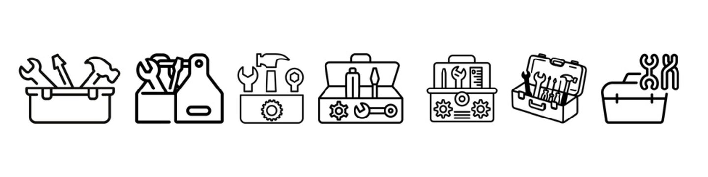 Set of toolbox line icons for repair, construction, maintenance, and DIY home improvement.