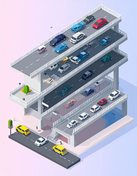 Multi storey ramp system with vehicles queued on every level and one narrow exit generative AI